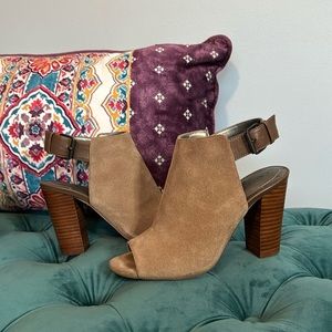 Tahari cabin taupe block heel leather and suede open toe booties.